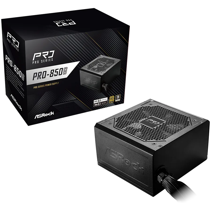Захранване за компютър Asrock PRO-850G 850W 80 Plus GOLD Non Modular PSU 1x EPS 12V CPU(4+4pin) 2x PCIe (6+2pin) 2x 4-pi