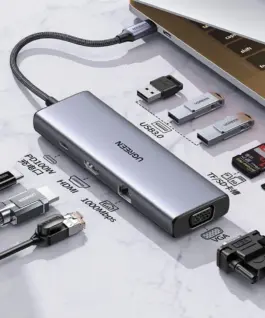 Мултифункционален USB хъб Ugreen CM498 15600 USB-C – 3x USB-A 3.0 / HDMI / VGA / RJ45 / SD / TF Card Reader / USB-C PD –