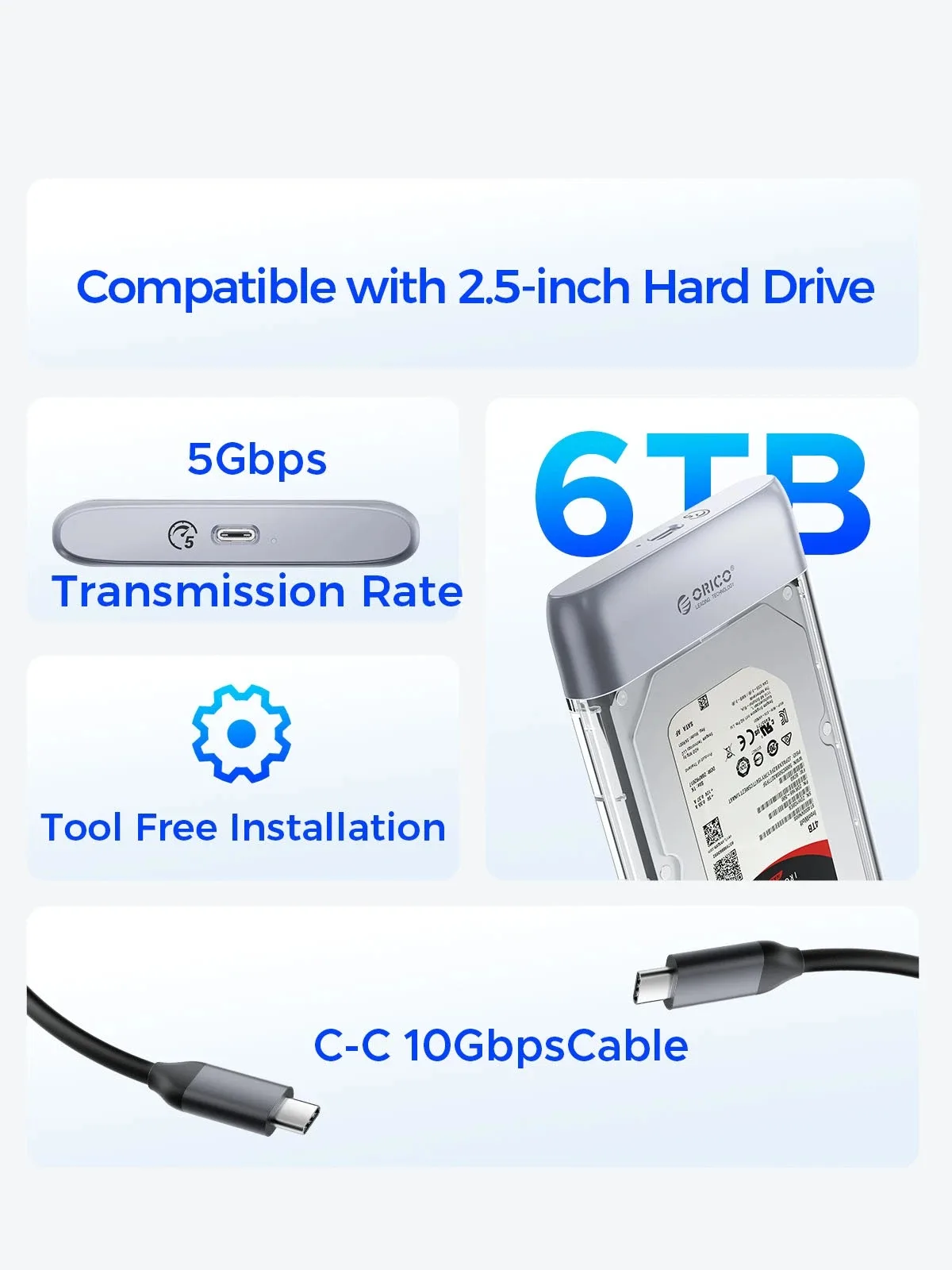 Orico външна кутия за диск Storage - Case - 2.5 inch 5Gbps USB-C Transparent - TX25C3-GY-BP - Image 24