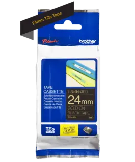 ЛЕНТА ЗА ЕТИКЕТНИ ПРИНТЕРИ BROTHER ТИП TZ - 24 mm x 8 m - GOLD ON BLACK TAPE - PN TZE354
