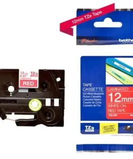 ЛЕНТА ЗА ЕТИКЕТНИ ПРИНТЕРИ BROTHER ТИП TZ - 12 mm x 80 m - WHITE ON RED TAPE - PN TZE435