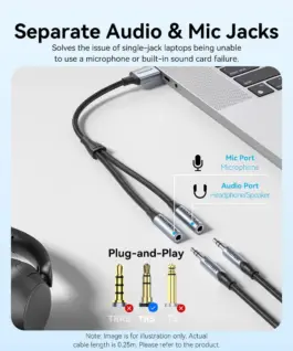 Vention външна звукова карта USB Sound card 2-Port 0.25M Gray –