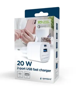 Alternative view of Gembird 2-Port USB fast зарядно with AC socket, 20W, бял