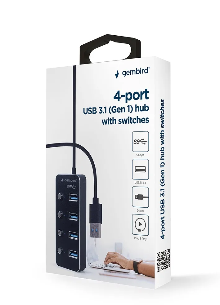 Gembird HUB USB черен 4xUSB3.1 switches on/off - Image 2