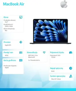 Alternative view of Apple MacBook Air 13.6-inch: M5 10/8, 16GB, 512GB SSD, without захранващ блок - Midnight