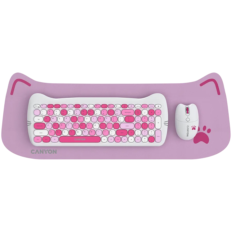Клавиатура CANYON HSET-W6 EN Keyboard+Mouse Kitty Edition AAA+АА Wireless Pink