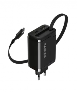 Зарядно за мобилен телефон CANYON charger OnCharge 65RC Build-In Cable USB-C 65W 1xPD 1xQC EU