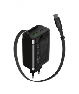 Зарядно за мобилен телефон CANYON charger OnCharge 65RC Build-In Cable USB-C 65W 1xPD 1xQC EU