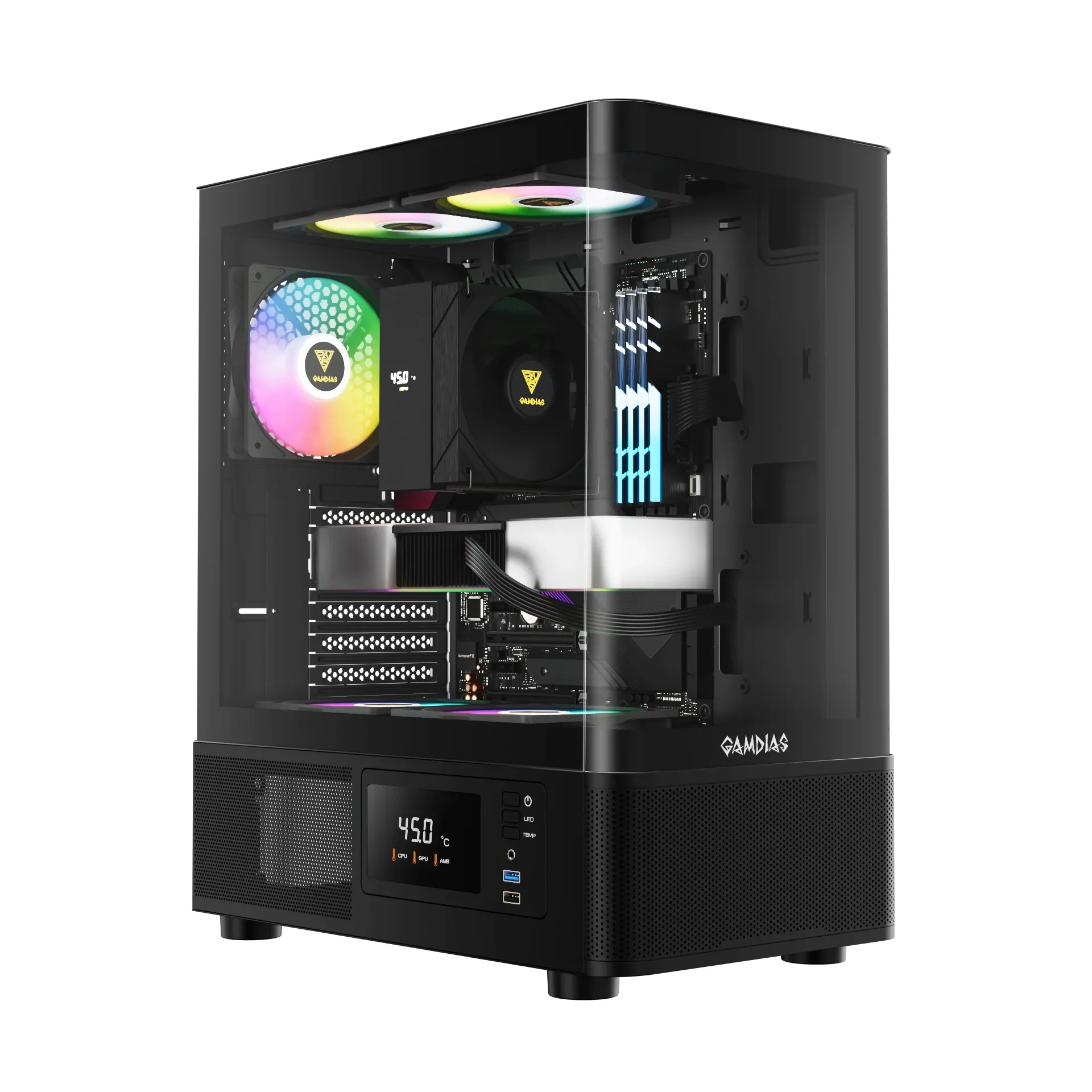 Gamdias кутия Case ATX - ATLAS E2 - 3 x 120 mm A-RGB Digital Display Curved Glass