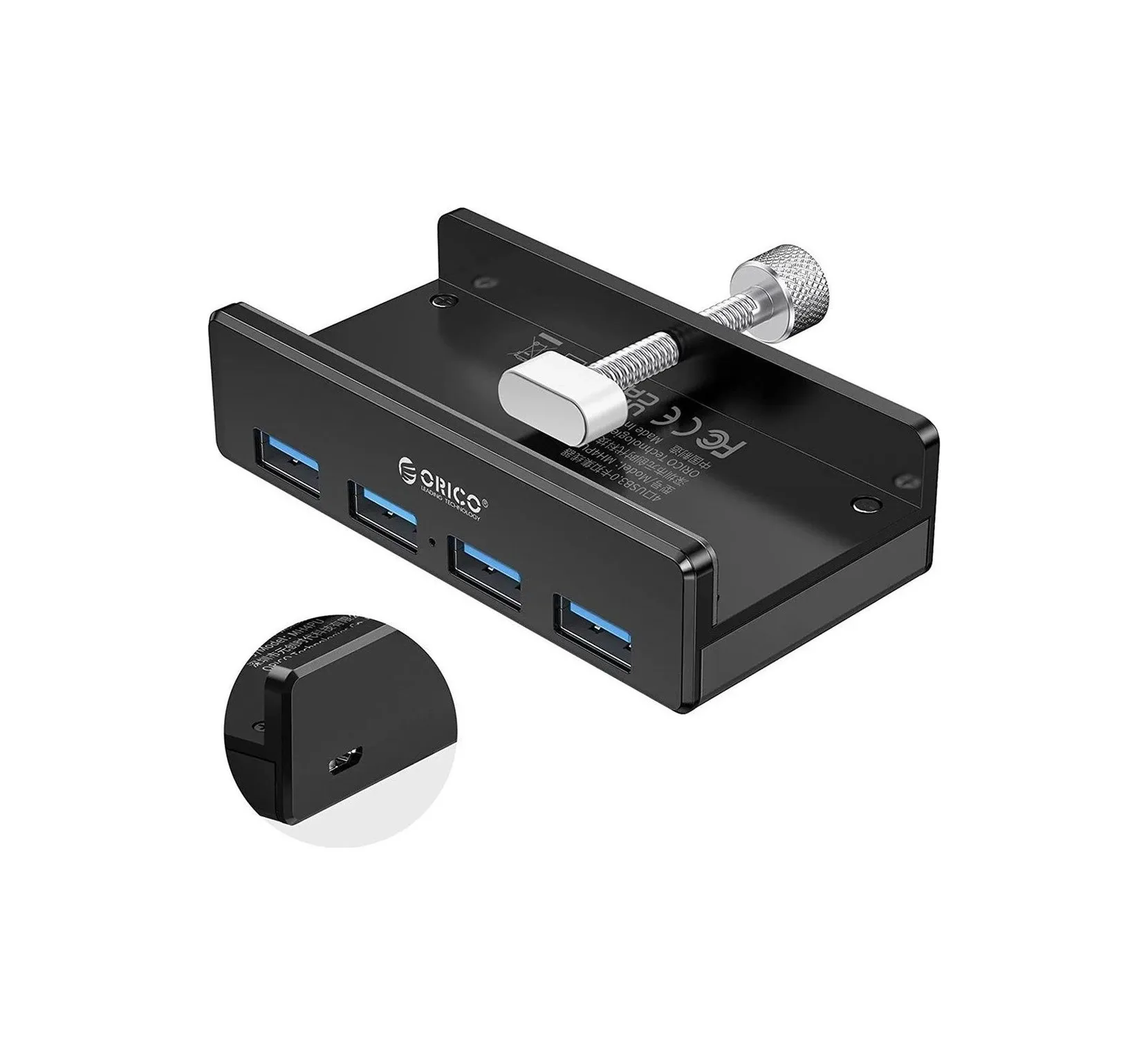 Orico хъб USB 3.0 HUB Clip Type 4 port - aux Micro-USB power input Black - MH4PU-P-BK