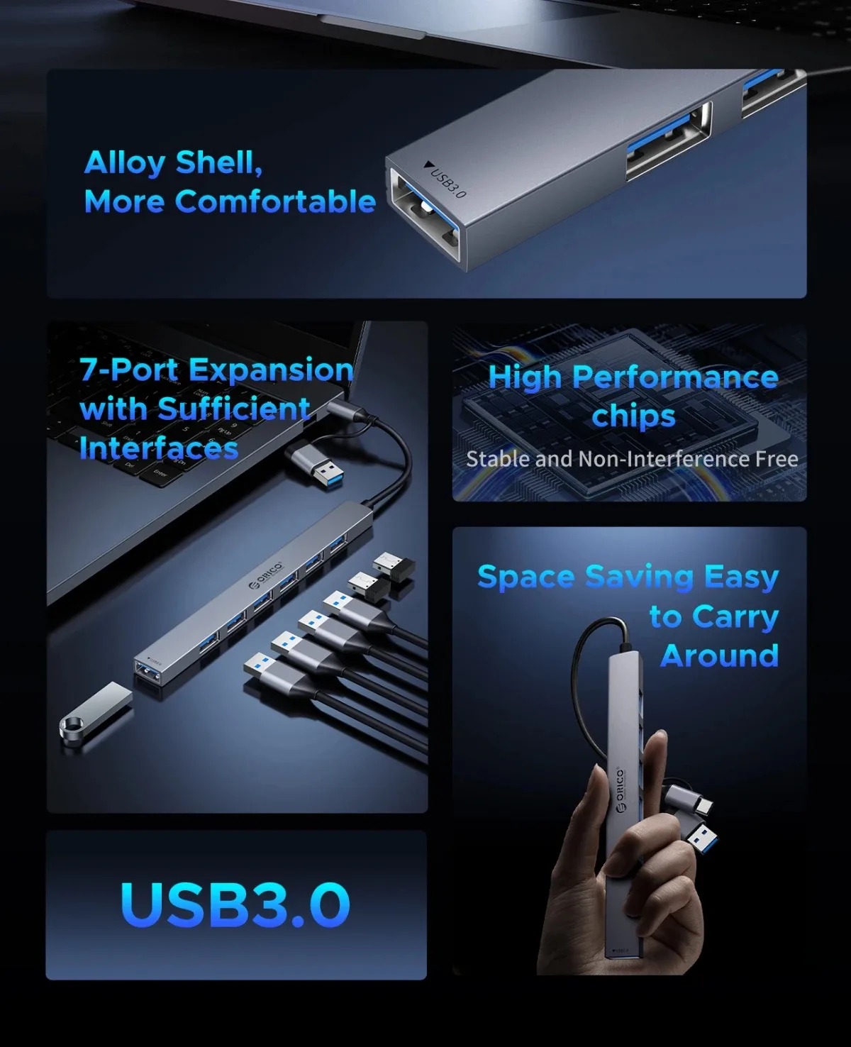 Orico хъб HUB USB-C 5 port - USB3.0 x 1, USB2.0 x 2, USB-C x 2, Aluminium - YSB4-U2-GY - Image 76