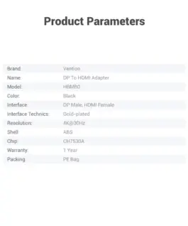 Vention адаптер Adapter DisplayPort M / HDMI F – 4K
