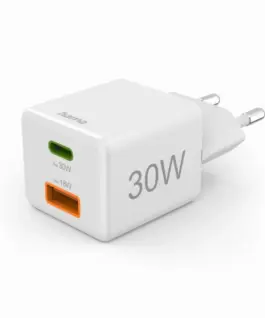 HAMA Бързо мини Gan зарядно 30 W 1x USB-C 1x USB-A PD бял