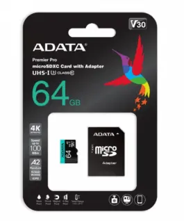 Adata памет card microSD Premier Pro 64 GB UHS1 U3 V30 A2 + адаптер