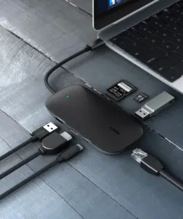 AUKEY CB-C71 aluminium HUB USB-C | 8in1 | RJ45 Ethernet 10/100/1000Mbps | 3xUSB 3.1 | HDMI 4k@30Hz | SD & microSD | USB-C Power Delivery