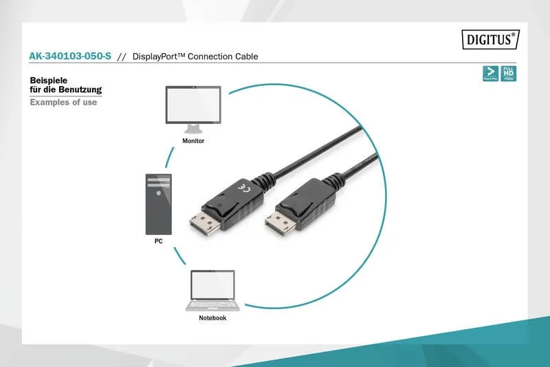 Digitus кабел за връзка DisplayPort with snaps 1080p 60Hz FHD Type DP / DP M / M черен 5m - Image 4