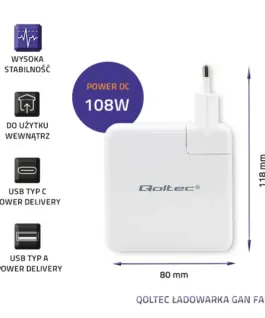 Alternative view of Qoltec Power зарядно GaN FAST 108W, USB C, бял