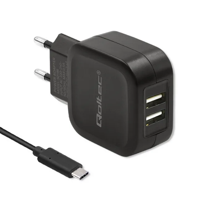 Qoltec Network зарядно 17W | 5V | 3.4A | 2xUSB + кабел USB typC