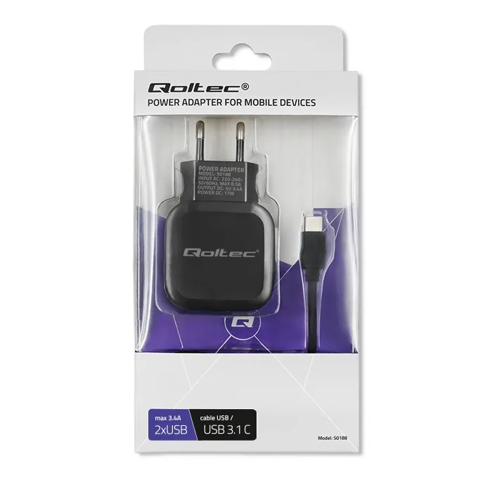 Qoltec Network зарядно 17W | 5V | 3.4A | 2xUSB + кабел USB typC - Image 2