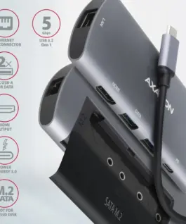 Alternative view of AXAGON Hub HMC-6M2 USB-C 3.2 Gen 1 hub w. M.2 SATA + HDMI + GLAN + 2x USB-A + PD 100W