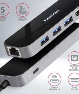 Alternative view of AXAGON HMC-6GL 3x USB-A, HDMI, RJ-45, USB 3.2 Gen 1 hub, PD 100W, 20cm USB-C кабел