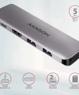 Alternative view of AXAGON Hub HMC-5 2x USB-A, HDMI, SD/microSD, USB 3.2 Gen 1, PD 100W, 20cm USB-C кабел