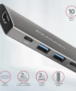 Alternative view of AXAGON Hub HMC-5G2 2x USB-A + 2x USB-C + HDMI, USB-C 3.2 Gen 2 10Gbps, PD 60W, 13cm USB-C кабел