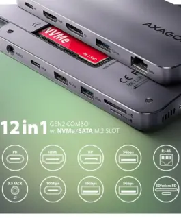 Alternative view of AXAGON HMC-12GM2 USB hub 12in1 10Gbps HDMI DP LAN M.2