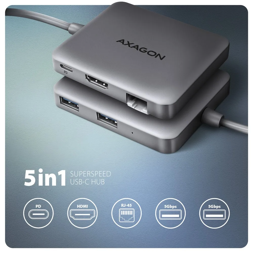 AXAGON HMC-5HL 2xUSB-A 4K HDMI GLAN PD100W USB-C 15cm - Image 2