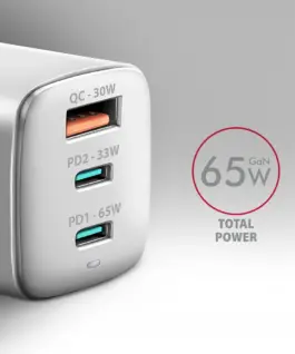 Alternative view of AXAGON ACU-DPQ65W GaN 3xport мрежово зарядно 65W бял