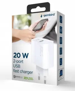 Alternative view of Gembird Power Delivery зарядно USB-A USB-C 20W бял