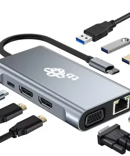 TB HUB 8in1 адаптер USB C HDMI x2 USB VGA RJ45 PD