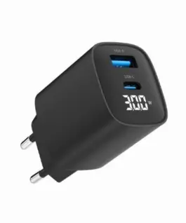 Gembird GaN зарядно USB-A USB-C LCD 30W PD QC3.0 черен
