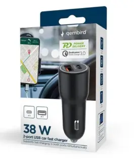 Alternative view of Gembird зарядно за кола USB-A/USB/C 38W PD черен
