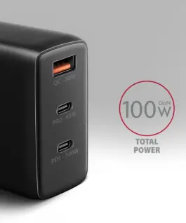Alternative view of AXAGON ACU-DPQ100 GaN 3xport мрежово зарядно 100W черен