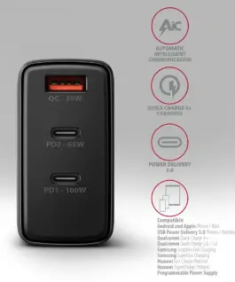 AXAGON ACU-DPQ100 GaN 3xport мрежово зарядно 100W черен