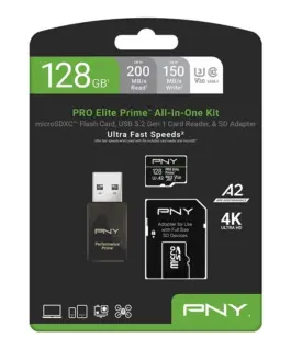 PNY памет card microSDXC Elite Prime 128GB + адаптер SD + USB-A card reader