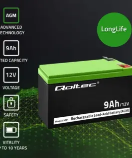 Alternative view of Qoltec Gel battery | 12V | 9Ah | Max.90A | AGM