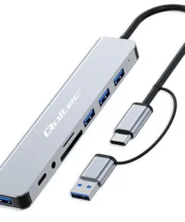 Qoltec HUB 8in1 USB C USBUSB C 4xUSB SD TF card Jack