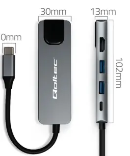 Qoltec HUB USB C 5in1 USB C PD 100W 2xUSB HDMI 4K RJ45