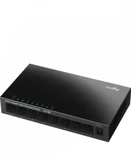 Alternative view of Cudy 8-Port Gigabit Light Managed Switch with 8× 10/100/1000 Mbps RJ45 ports, desktop metal design, poweчервен by external адаптер.