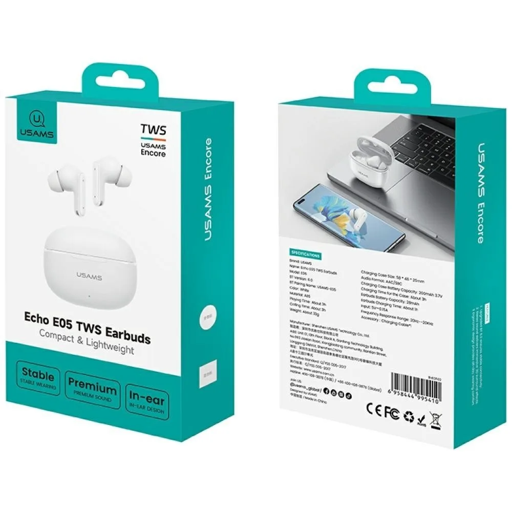 USAMS Bluetooth слушалки 6.0 E05 TWS бял - Image 2