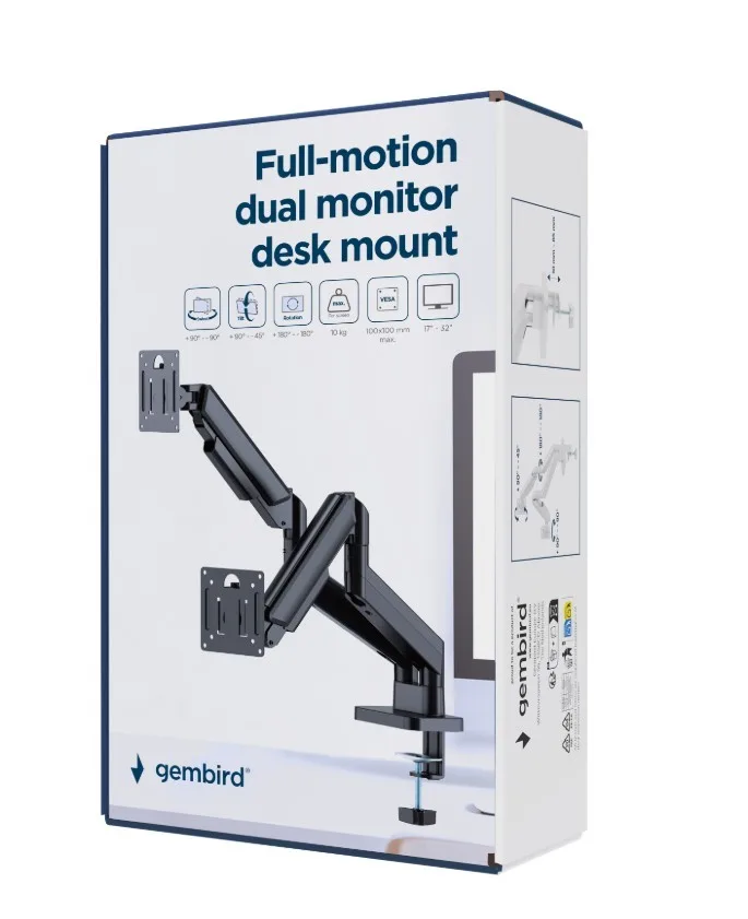 Gembird Desk arm for two monitors, adjustable, from 17 to 32 inches, load capacity up to 10 kg, черен - Image 5