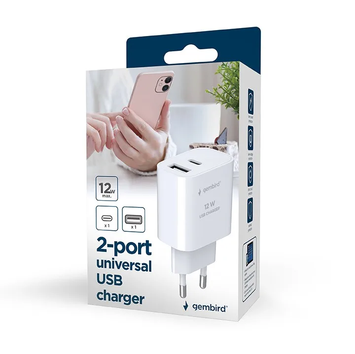 Gembird универсално зарядно USB-A+C, 2.4A, бял - Image 2