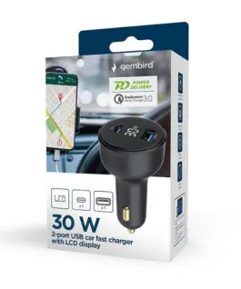 Gembird зарядно за кола 30W USB-A+C PD LCD черен