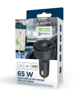 Gembird зарядно за кола 65W USB-A+C PD LCD черен