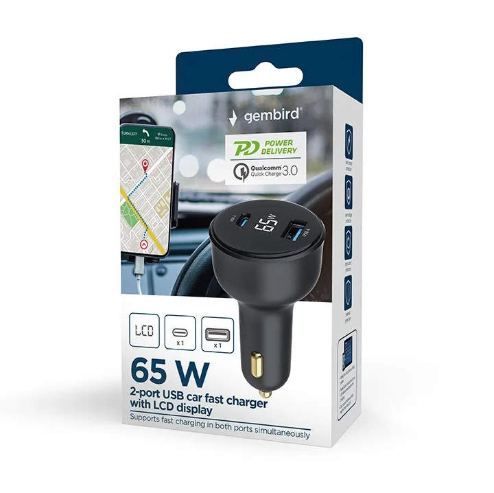 Gembird зарядно за кола 65W USB-A+C PD LCD черен - Image 5