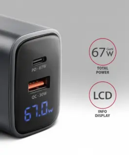 Alternative view of AXAGON ACU-PQ67D PD&QC 67W wal l зарядно LED display
