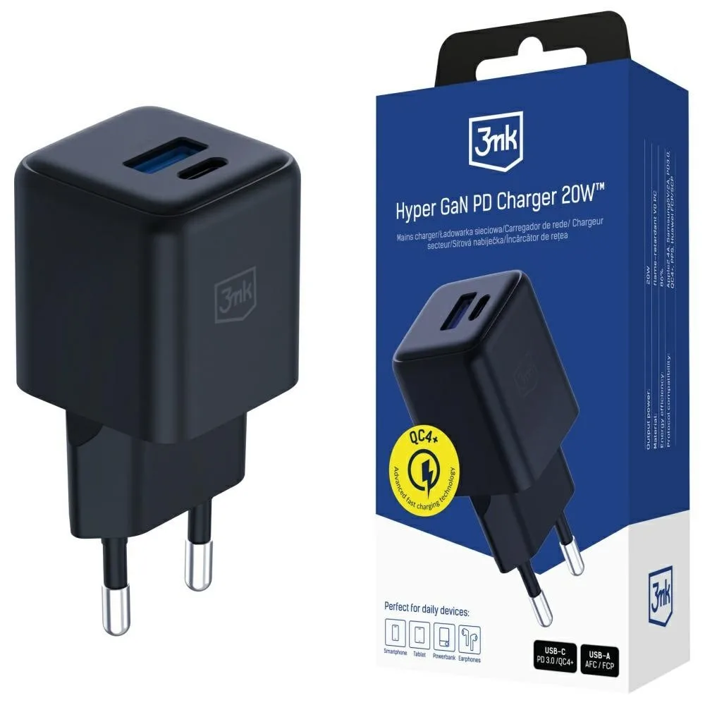 3MK зарядно GaN 20W QC4+ 1xUSB-A 1xUSB-C черен