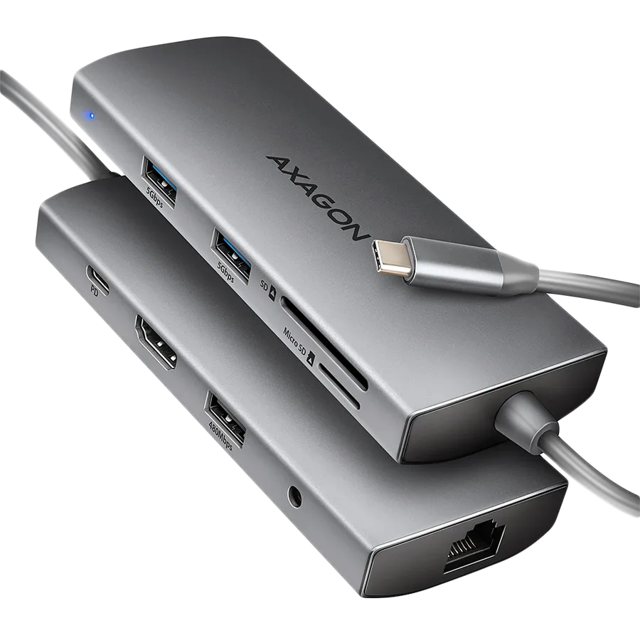 USB хъб AXAGON HMC-8HLSA USB-C 3.2 Gen 1 hub 3x USB-A + 4K/30Hz HDMI + SD/microSD GLAN Audio PD 100W 20cm USB-C